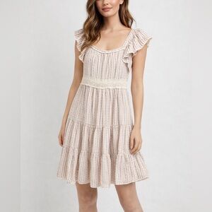 Love Sam Boho Lace Trim Striped Tiered Cotton Dress Cream Size Small